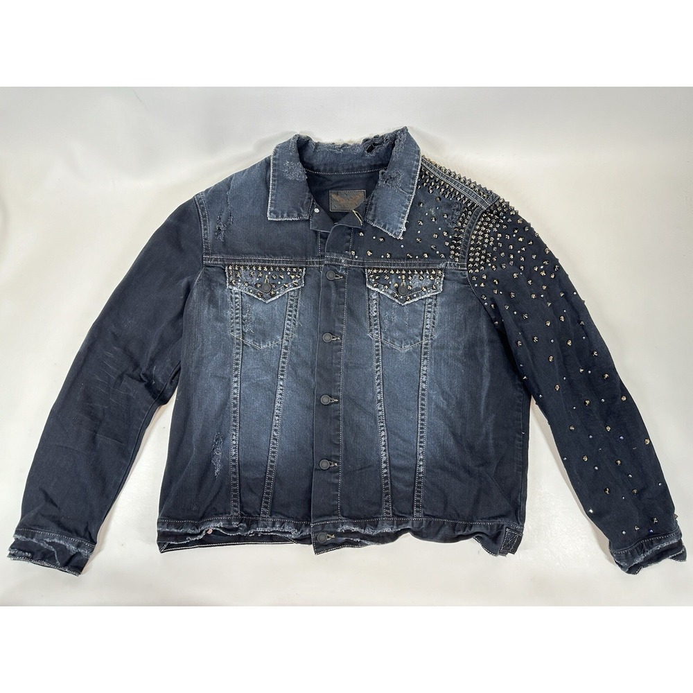 Robins Jeans Mens 3XL Denim Jacket Made‎ In USA Distressed Studded Embroidered